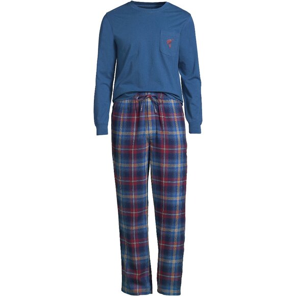NWT Blake Shelton Lands End Men's Flannel Knit Pajamas Set Blue Plaid size LT - Picture 3 of 6
